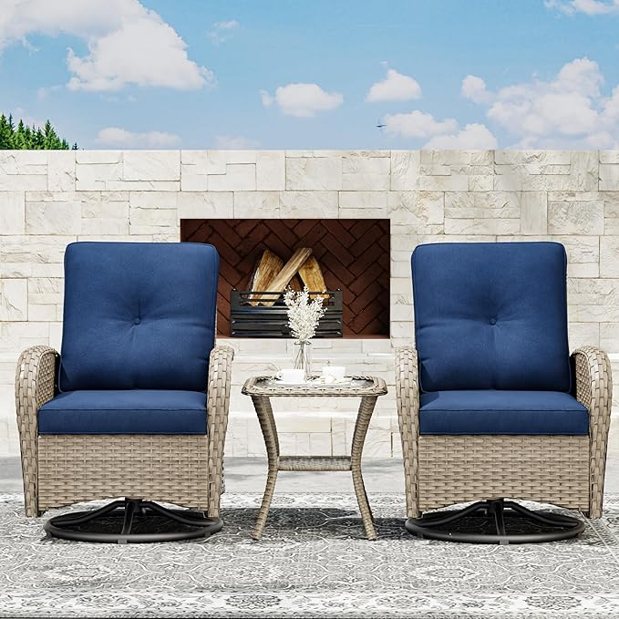Joyside Outdoor Swivel Rocker Chairs, 3 Piece Wicker Patio Set with Thick Cushion and Side Table, Rattan Patio Swivel Rocking Chairs for Porch, Deck Use (Natural/Blue, 3 PCS)