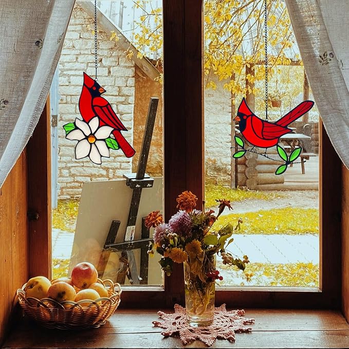 2 Packs Stained Glass Red Cardinal Memorial Gifts for Women, Stained Glass Window Hanging, Red Cardinal on Branch Ornament Suncatcher, Handmade Bird Decor Gift for Mom, Bird Lover