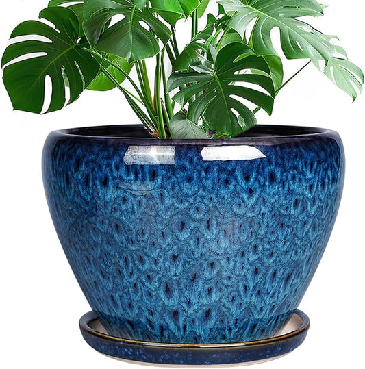 10 Inch Ceramic Planter Pot, Ceramic Plant Pot for Indoor Outdoor Plants, Large Flower Pot with Drainage Hole and Saucer, Blue