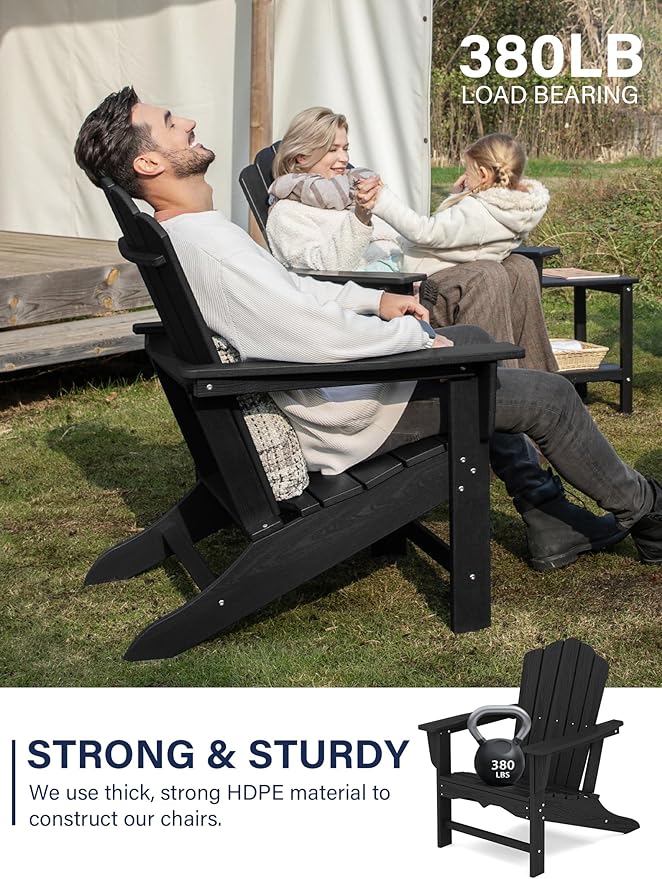 KINGYES HDPE Adirondack Chair, Classic All-Weather Adirondack Chair Set of 4, Black