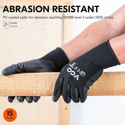 Vgo... 15-Pairs Safety Work Gloves, Gardening Gloves, Polyurethane Coated, Dipping Gloves, Latex Free (Size L, Black, PU2103)