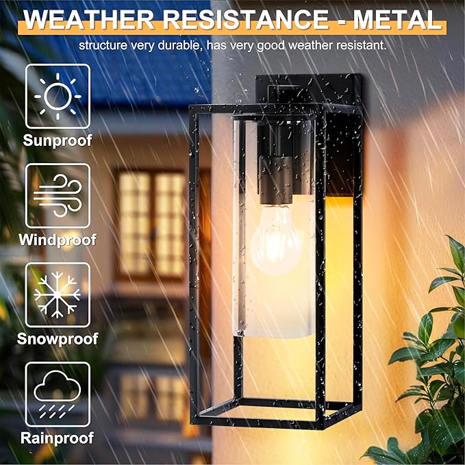 15.7 Inch Outdoor Wall Lights, Black Outdoor Wall Lantern with Square Clear Glass Shade, Waterproof Exterior Lighting Fixtures, Modern Front Porch Lighting for House, Garage, E26 Base, ETL Listed