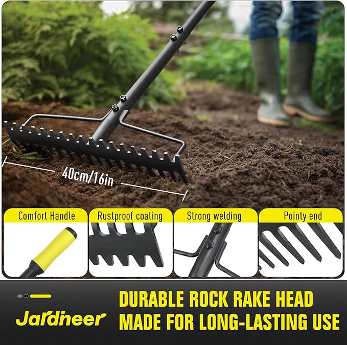 Jardineer Bow Rake Heavy Duty, Long Handle Metal Rakes for Gravel, Rocks, Lawns Leaves, Soil Leveling, Landscaping, Garden Rake with 18 Steel Tines (59 Inches)
