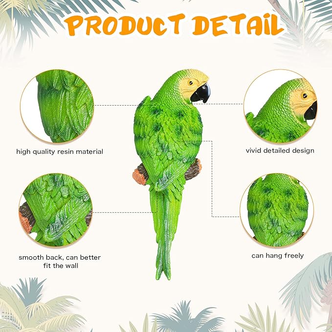 2 Pieces Parrot Decor Outdoor Tiki Bar Decorations Large Realistic Parrot Statues for Outside Lifelike Bird Sculptures Garden Patio Yard Lawn Figurines for Tropical Animal Tree Wall (Green, Red)