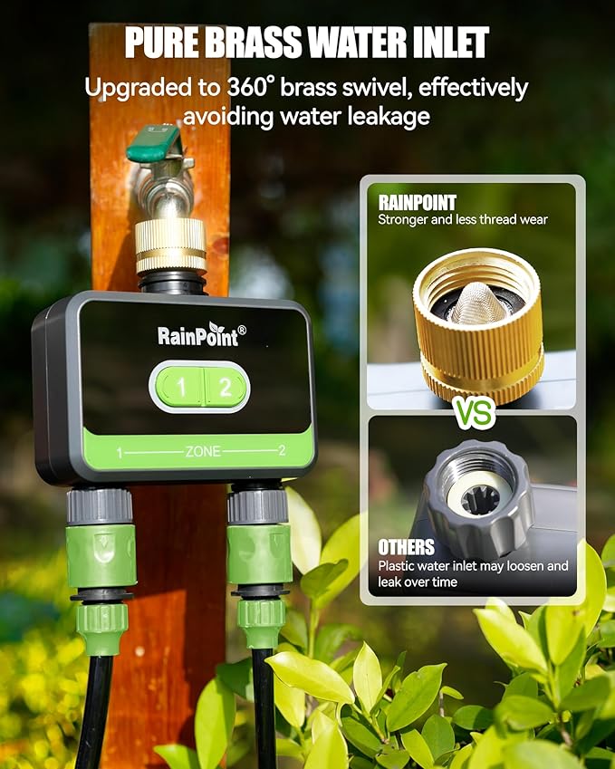 RainPoint WiFi Water Timer for Garden Hose with Brass Inlet, 2-Zone Smart Hose Timer, WiFi Irrigation Controller, Automatic Sprinkler Watering System for Lawns and Yard
