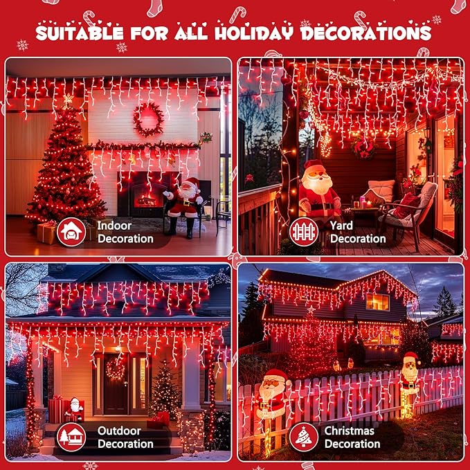 JMEXSUSS 400 LED Red Icicle String Lights, Connectable Red String Lights Indoor Outdoor with Remote, Red Christmas Lights for Room Fireplace Christmas Valentine Decorations, EXS-I-0400-R