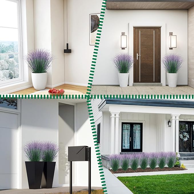 12Pcs Artificial Grass Plants, Faux Shrubs Wheat Grass, Artificial Tall Grass Fake Plants for Outdoor Decor,Artificial Greenery Stems Weed for Room Indoor Home Decor（Green Purple Tail）