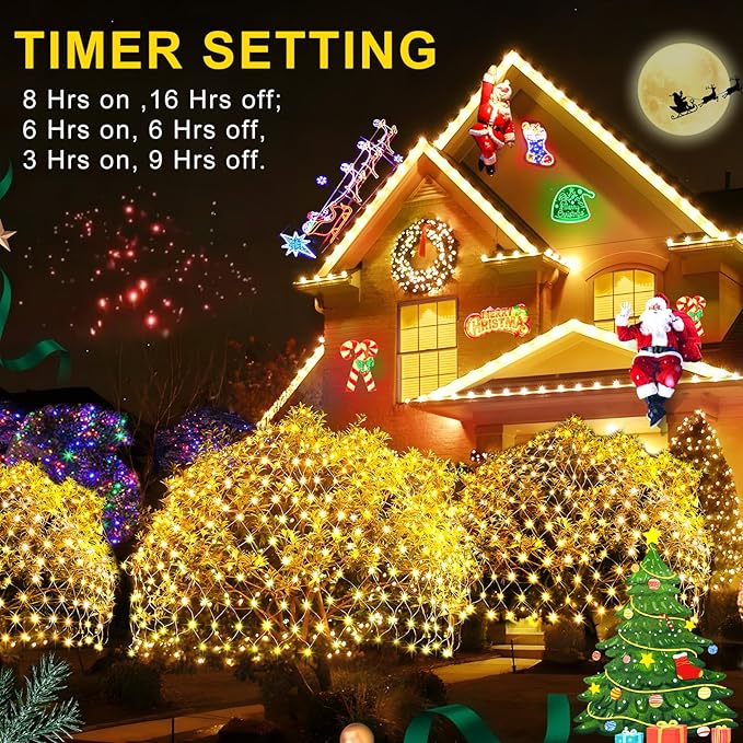 KNONEW 2-Pack 360 LEDs Christmas Net Lights 13ft x 6.6ft Outdoor Mesh Connectable Waterproof 8 Modes & Timer Plug-in Fairy Lights for Bushes Garden Party Wedding Holiday, Warm White