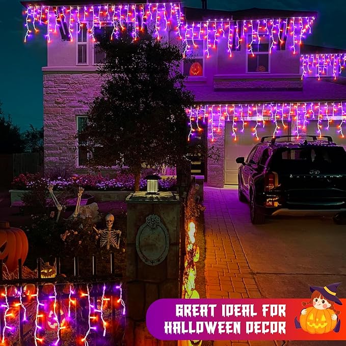 JMEXSUSS 400 LED Halloween Decor Orange and Purple Lights Outdoor, 8 Modes Orange Icicle Lights Indoor Outdoor Waterproof with Remote,Orange Halloween String Lights Plug in for Halloween Party Holiday