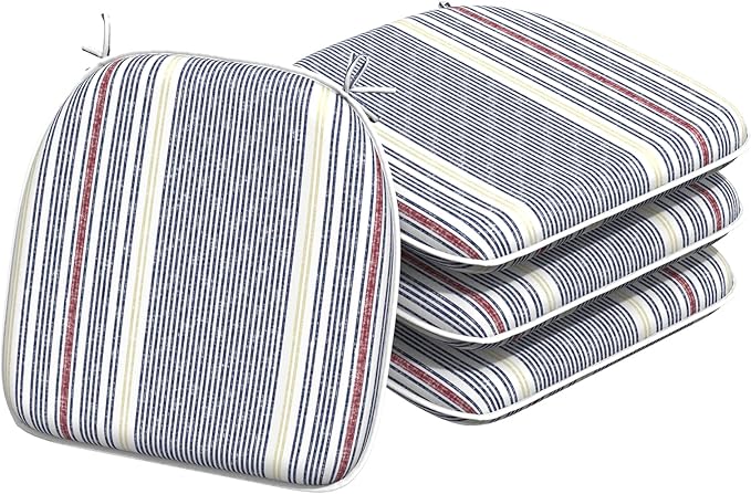 Indoor/Outdoor Chair Cushions 16x17 Inch, Patio Chair Cushions with Ties, All Weather Seat Cushions for Patio Furniture Home Garden Chair Use, Set of 4, Stripe Denim Blue