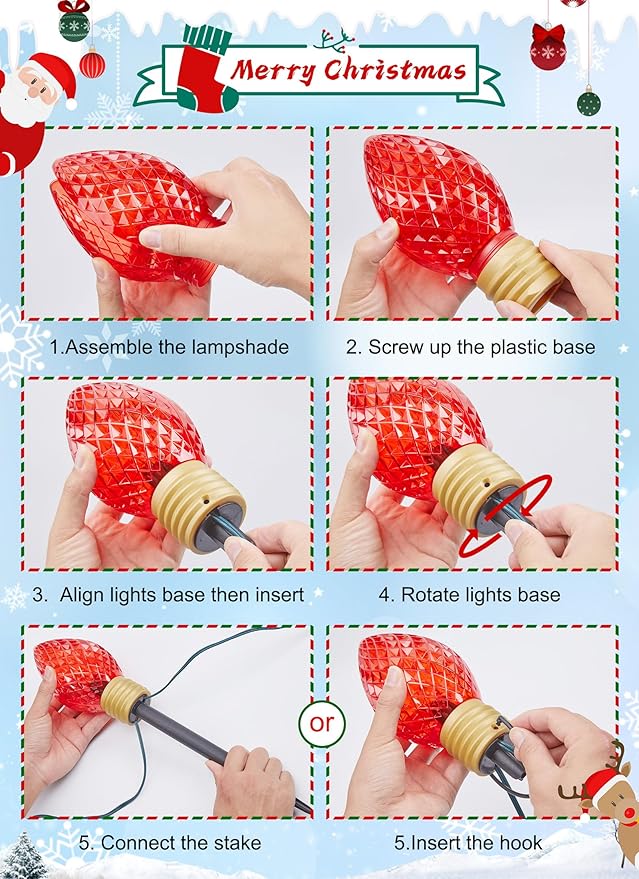 2 Pack Jumbo Lights C9 Christmas Pathway Lights Outdoor - 10.5 Feet 5 Lights Strawberry C9 Walkway Lights, C7 Lights Covered Jumbo Multicolor Light Bulb Outdoor Decorations for Lawn Garden Outside