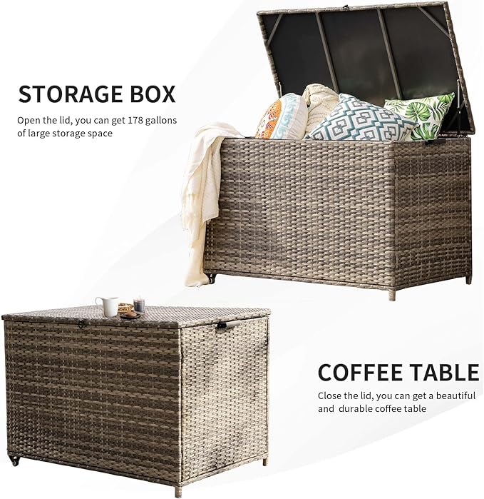 178 Gallon Outdoor Storage Box, Patio Deck Box with 2 Wheels, Handle Large Portable Wicker Rattan Deck Box for Patio Furniture Cushions, Throw Pillows, Garden Tools and Pool Floats (Gray)