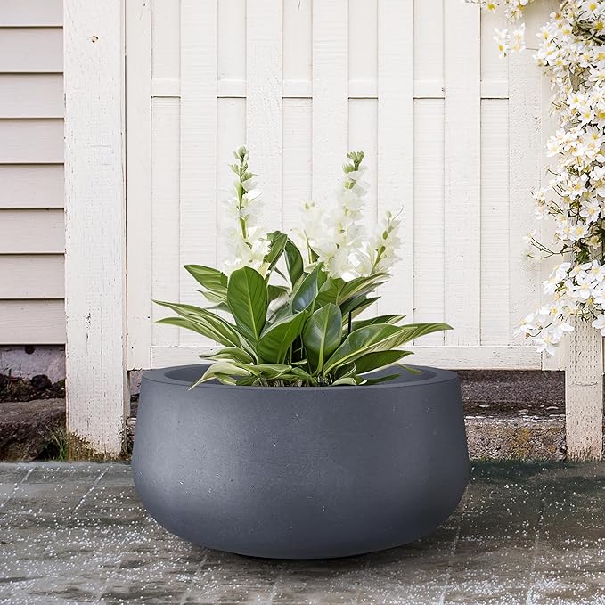 Kante 15.7" Dia Round Concrete Planter, Outdoor Indoor Garden Plant Pots with Drainage Hole and Rubber Plug, Modern Curvaceous Design, Charcoal