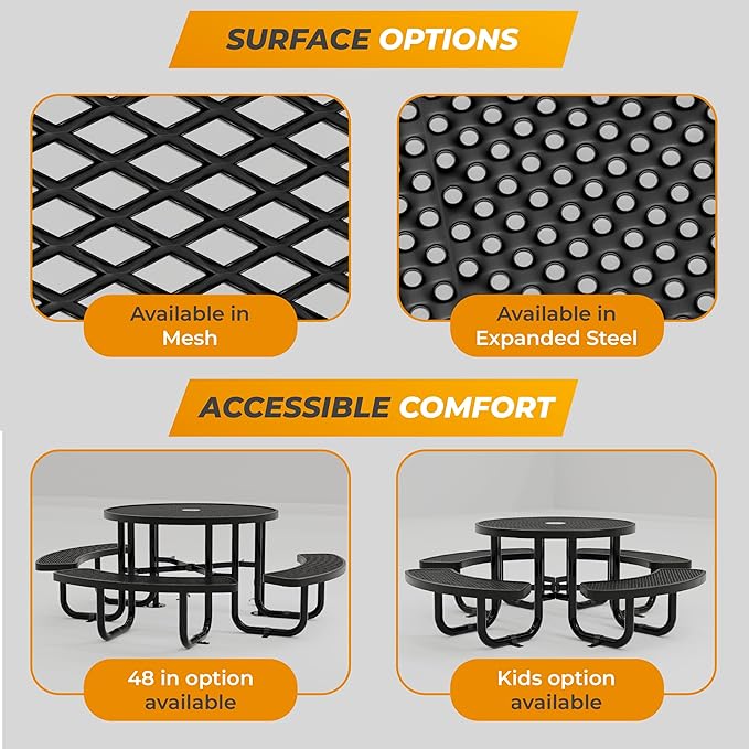 Metal Picnic Tables for Kids for Outdoors with Umbrella Hole - Coated Steel Heavy Duty Commercial Grade Table with Adjustable Seats (Green, 38 in, Kids, Expanded Steel)