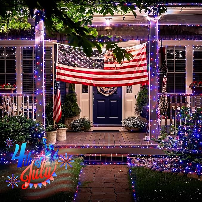JMEXSUSS 2 Pack Red White and Blue Solar Lights, Each 100 LED 33FT Solar Fairy Lights Outdoor Waterproof, 4th of July Solar String Lights for Independence Day Outside Decorations