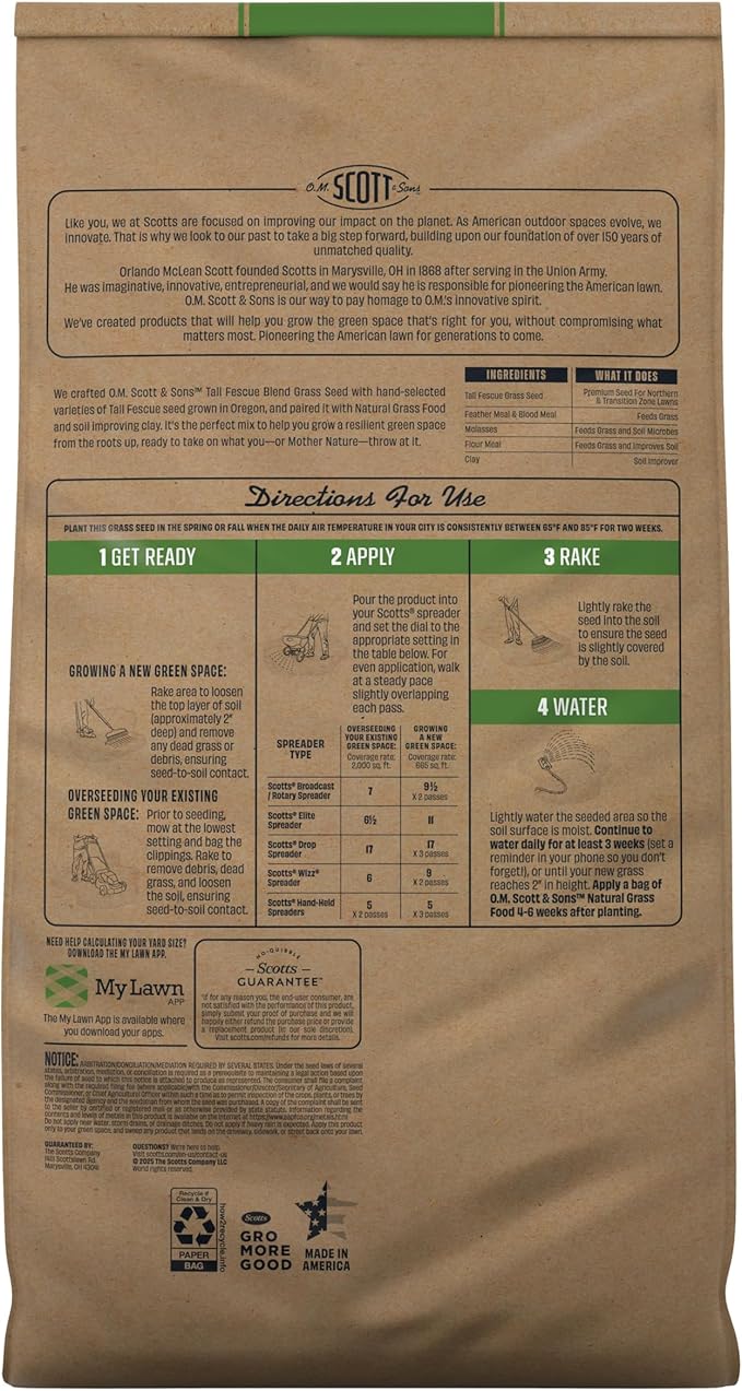 O.M. Scott and Sons Tall Fescue Blend Grass Seed, Fertilizer and Soil Improver, Naturally Crowds Out Weeds, Covers Up to 2,000 sq. ft., 8 lbs., 2-Pack