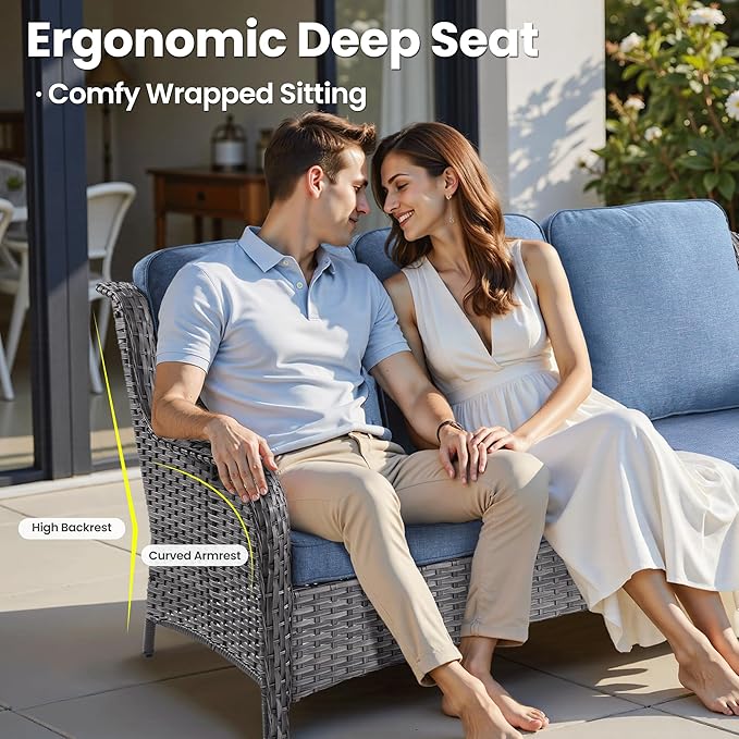 ovios 6 Pieces Patio Furniture Set, Outdoor Wicker Sofas with Glass Coffee Table and Comfy Cushions, All Weather High Back Couch Set for Deck Porch, Grey Rattan, Denim Blue