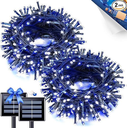 JMEXSUSS 2 Pack Blue and White Solar String Lights, Each 100 LED 33ft Solar Christmas Lights Outdoor Waterproof, 8 Modes Green Wire Solar Lights for Outside Garden Patio Party Decoration
