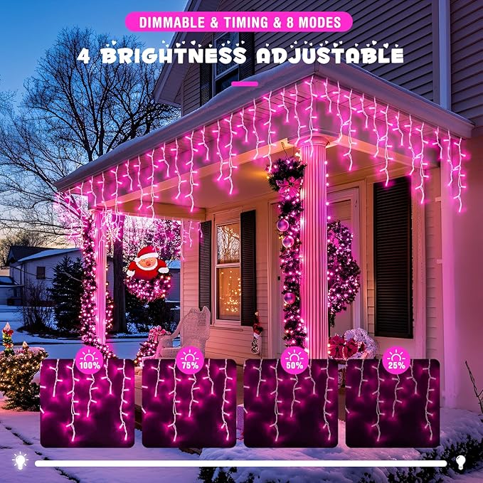 JMEXSUSS 400 LED Pink Valentine Lights, Connectable Pink Christmas Lights Indoor Outdoor with Remote, Pink Icicle String Lights for Room Fireplace Decorations