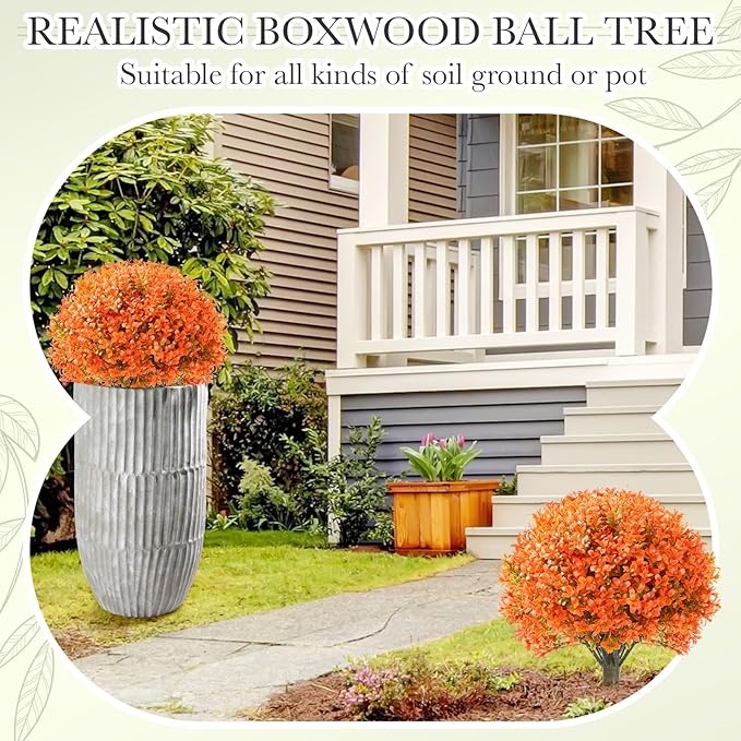 Yunlly 4 Pack 18" Artificial Boxwood Ball Bush Topiary Trees Fake Outdoor Plants, Realistic UV Resistance Faux Shrubs with Spike Greenery Topiary for Front Porch Garden Yard Patio Indoor (Orange)
