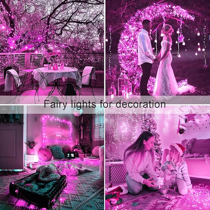 JMEXSUSS 2 Pack Solar Fairy Lights, 33ft 100 LED Pink Outdoor Waterproof, 8 Modes String Lights for Outside Garden Patio Party Decorations