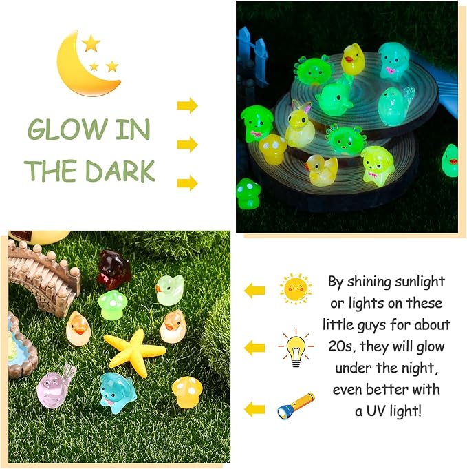 126PCS Mini Resin Ducks Animals Luminous Tiny Duck Animals Bulk Figures to Hide Glow in The Dark for Miniature Fairy Garden Accessories Micro Landscape Aquarium Potted Ornament Outdoor Decor