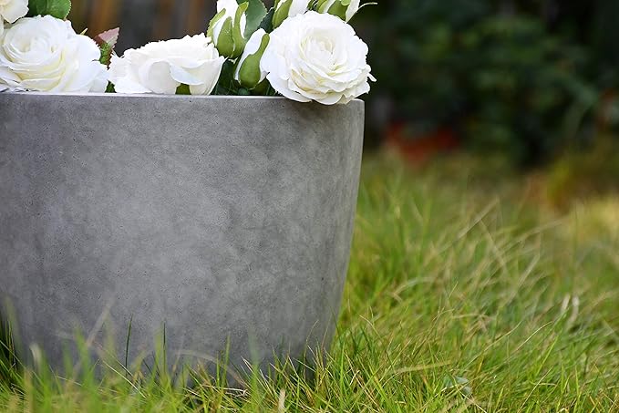 Kante 18 Inch Dia Round Concrete Planter, Indoor Outdoor Large Plant Pot with Drainage Hole and Rubber Plug for Home Patio Garden, Natural Concrete