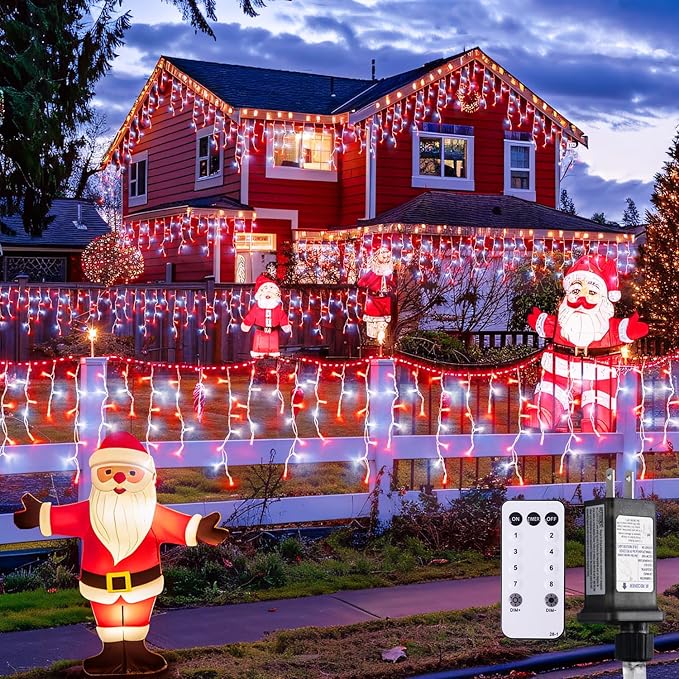 JMEXSUSS 38.8 Ft 400 LED Icicle Christmas Lights for Outside, 8 Modes Red and White Icicle String Lights Plug in with Remote, Christmas Lights Indoor Outdoor for Halloween Party Christmas Decoration