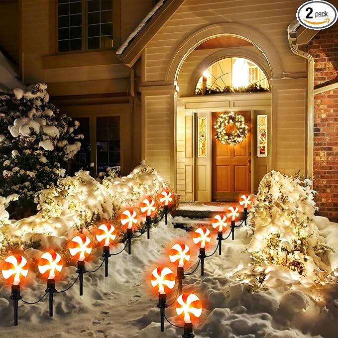 Joiedomi Set of 14 Christmas Lollipop Pathway Lights Outdoor with Stakes and Clips, 14.3 FT Plug in Peppermint Walkway String Lights for Christmas Decoration, Yard, Pluggable, Hangable, Waterproof