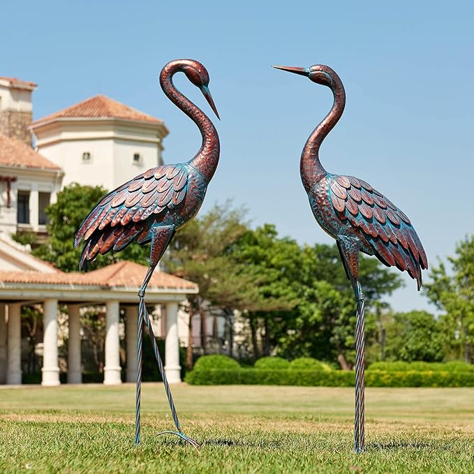 Kircust Garden Crane Statues Patina Heron Decoy, Standing Metal Crane Sculptures Bird Yard Art for Outdoor Decor, Set of 2
