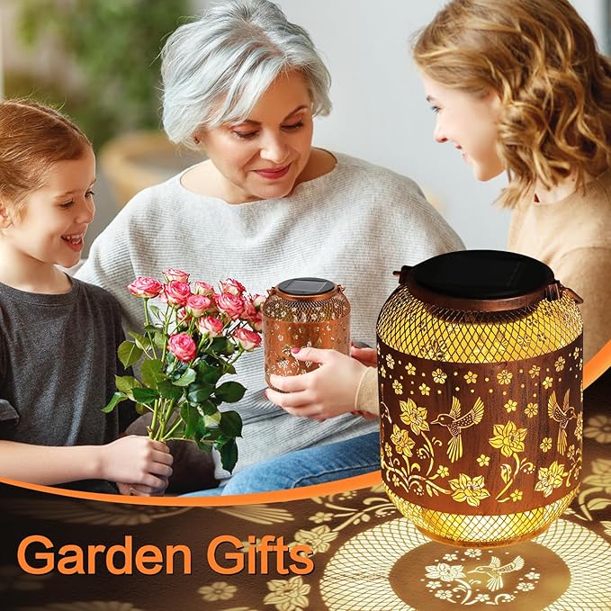 2 Pack Hummingbirds Solar Lanterns Outdoor Waterproof Garden Decor Birthday Gifts for Women Mom Grandma, Hanging Solar Lights Metal Lantern Decoration Outside for Yard, Patio, Backyard, Porch