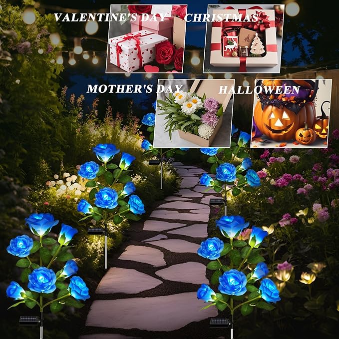 1 Pack Solar Garden Lights Outdoor, 7-Flower Rose Solar Lights for Yard, LED Solar Powered Stake Lights for Patio Pathway Lawn Fence Cemetery, Blue