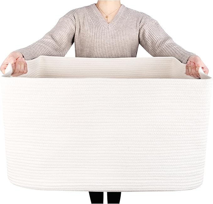 MINTWOOD Design 22in Extra Large Blanket Basket Holder Living Room, Rectangle Rope Woven Storage Basket with Handles for Laundry, Pool Towels, and Shoes, Dog Toy Organizer Bin Box, Creamy White