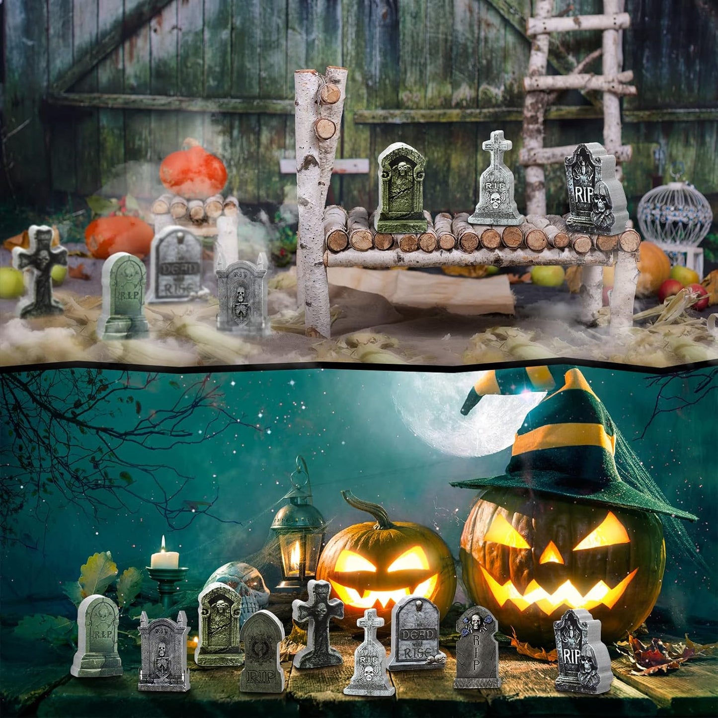 Kathfly 9 Pieces Halloween Miniature Tombstones Mini Village Tombstones Halloween Figurines Miniature Spooky Town for DIY Crafts Outdoor Home Garden Decor