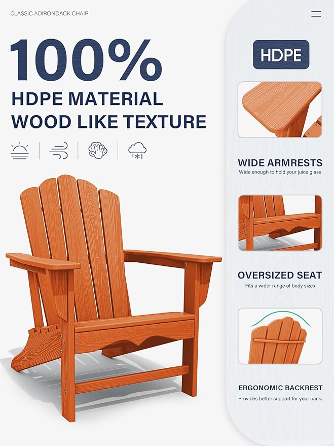 KINGYES HDPE Adirondack Chair Chair Set of 4, Classic All-Weather Adirondack Chair, Orange