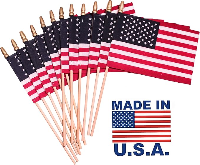 American Flags on Stick - Handheld Spearhead US Flag for 4th of July, Memorial Day Event Decorations - Patriotic Decor for Indoors & Yard - Wooden Stick, Cotton Fabric - (8"X12"-144 Pack)