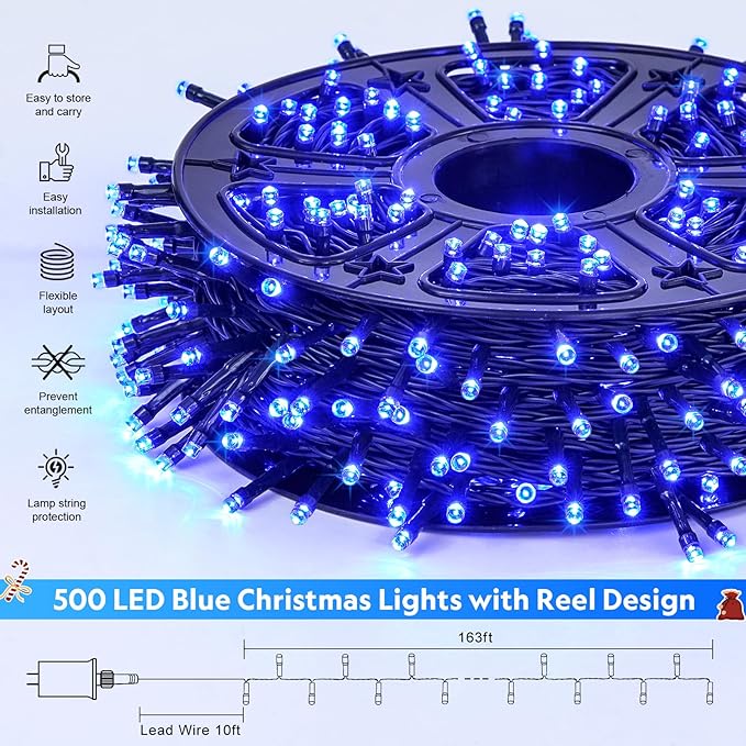 JMEXSUSS 500 LED Blue Christmas Lights Outdoor, 173ft 8 Modes Waterproof Christmas Tree Lights, Green Wire LED Fairy String Lights Plug in for Indoor Party House Holiday Christmas Decor