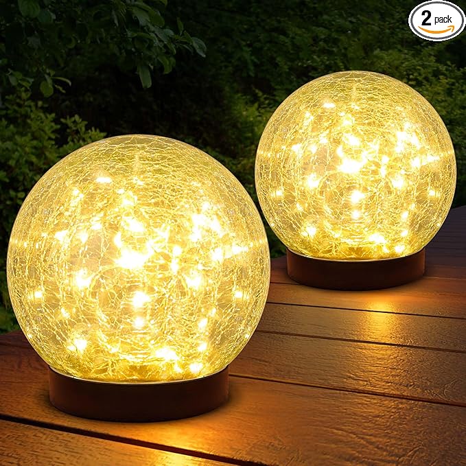 2-Pack Garden Solar Lights Outdoor, Cracked Glass Ball Light Waterproof, Decorative Solar Globe Lights Warm White for Yard Pathway Patio Lawn
