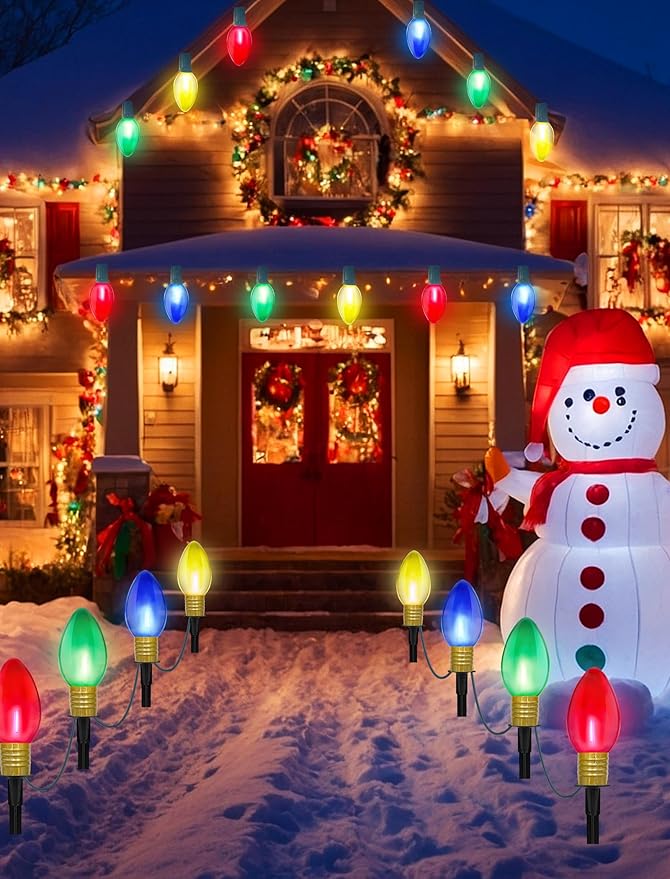 Jumbo C9 Christmas Pathway Lights Outdoor, 2Pk Total 14Ft Outdoor Christmas Decorations with 8 LED Jumbo C9 Clear Multicolor Light Bulbs, Christmas Walkway Lights for Lawn Holiday Yard Garden Sidewalk