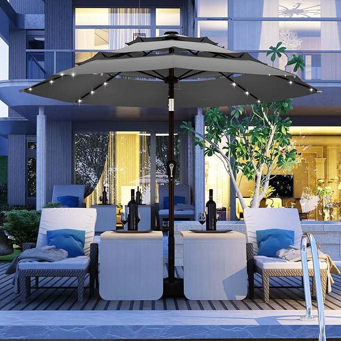 Kingdura 10ft 3-Tier Patio Umbrella with Solar Lights, Table Umbrella Outdoor Patio with Easy Crank & Tilt, 8 Sturdy Ribs, UV Protection, 32 LED Lights for Deck, Poolside, Market (Grey)