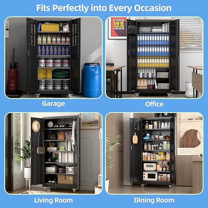 71" H×34" W×18" D Metal Garage Storage Cabinet with Wheels & Pegboard, Lockable Metal Storage Cabinets with 2 Doors&5 Adjustable Shelves for Garage&Home,Assembly Required,Black