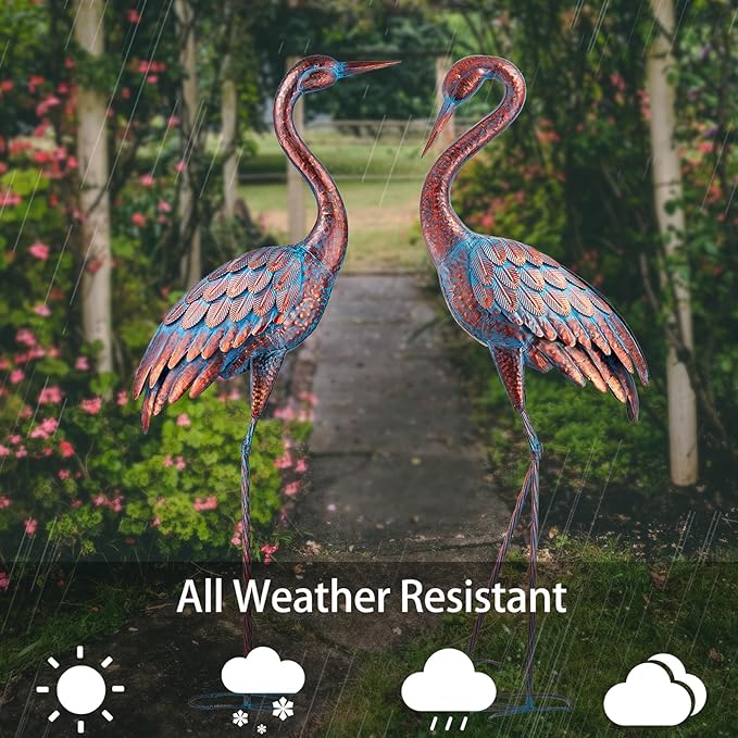 Kircust Garden Crane Statues Patina Heron Decoy, Standing Metal Crane Sculptures Bird Yard Art for Outdoor Decor, 47-48 Inch, Set of 2