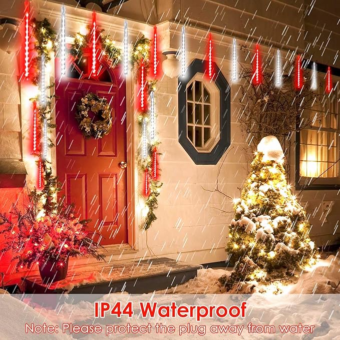 2-Pack Meteor Shower Lights Outdoor Waterproof, Rain Drop Christmas Lights Total 384 LED 30cm 16 Tubes Snow Cascading String Lights Plug in for Xmas Tree Wedding Party Garden Décor (Red and White)