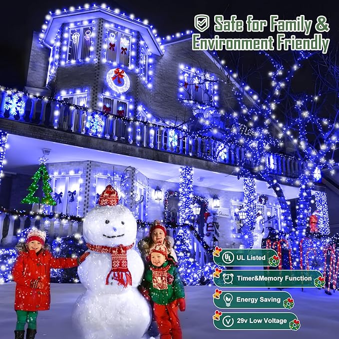 Heceltt 1600 LED 630 FT String Lights Outdoor, 8 Modes Christmas Lights, IP44 Waterproof Led String Lights with Timer and Memory for Christmas Home Party Tree Decorations (Blue and White)