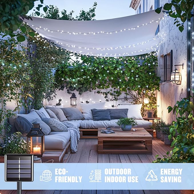 JMEXSUSS 2 Pack White Solar String Lights, Each 100 LED 33ft Green Wire Solar Lights Outdoor Waterproof for Outside Garden Wedding Party Decoration