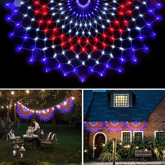 150 LED American Flag Lights Outdoor 3 Pack - 4x2 FT Half Fan Shape Patriotic Net Lights with 8 Modes, Waterproof for 4th of July Decorations, Christmas, Yard, Parties