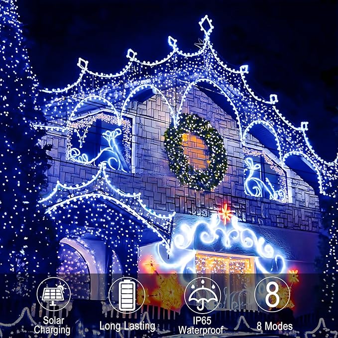 300 LED Solar Rope Lights Outdoor 99 FT Bright Solar Garden String Lights Durable 8 Modes Outdoor Fairy Lights Waterproof Solar Garden Decorative Lights (300LED, Blue)