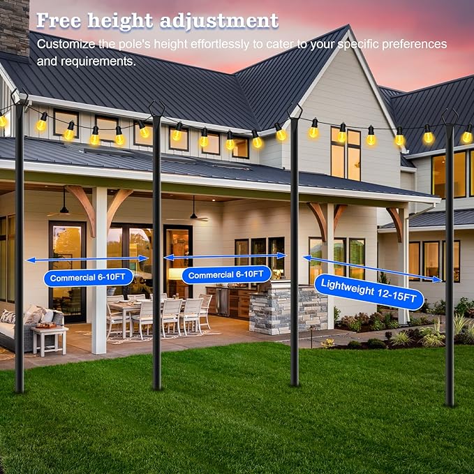 6 Pack String Light Poles,10 Ft Metal Poles with Fork for Outdoor String Lights,Outdoor Light Poles with Fork,Poles/Post/Stand for Outside,Patio,Deck,Backyard,Garden Wedding,Party