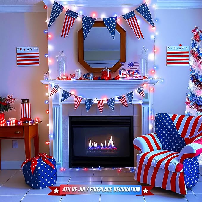 JMEXSUSS 400 LED Red White and Blue Lights Outdoor, 132FT 4th of July Lights Indoor, 8 Modes Patriotic String Light for Memorial Day Independence Day Decoration