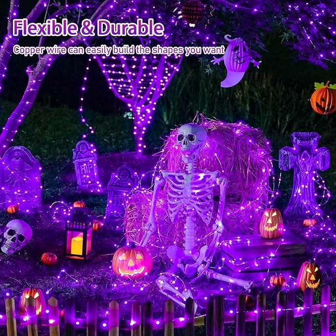 JMEXSUSS 2 Pack Purple Solar Halloween Lights Outdoor, 66ft 200 LED Solar Fairy Lights Outdoor Waterproof, 8 Modes Solar String Lights for Outside Halloween Christmas Decorations